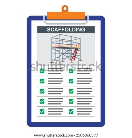 Paper board holder with green checkmark item point of checking of scaffolding installation safety. Vector illustration of inspection checklist document.