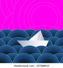 paper boat among the spherical waves and pink sky