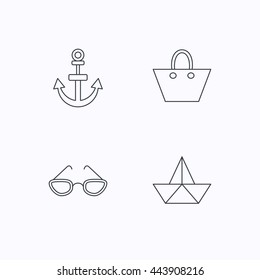 Paper boat, anchor and glasses icons. Ladies handbag linear sign. Flat linear icons on white background. Vector