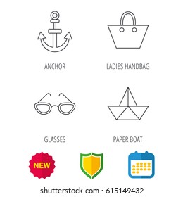 Paper boat, anchor and glasses icons. Ladies handbag linear sign. Shield protection, calendar and new tag web icons. Vector