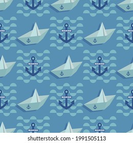Paper boat, anchor. Marine wave background. Vector geometric template. Seamless pattern for textile, wallpaper, decorative fills, web page background, surface textures. Vector illustration.