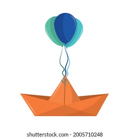 paper boat with balloons isolated