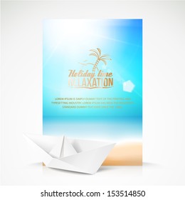 Paper boat, beach, palm on an paradise place. Vector illustration.