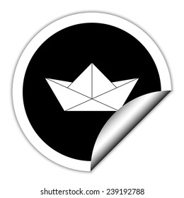 paper boat  - black  vector icon. Round sticker.