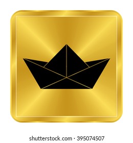 paper boat - black vector  icon; gold button