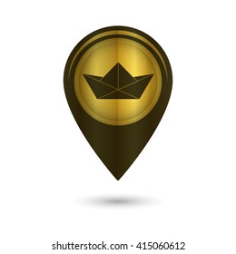 paper boat - black vector icon;  golden map pointer