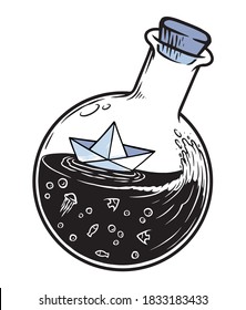 Paper boat in a bottle illustration