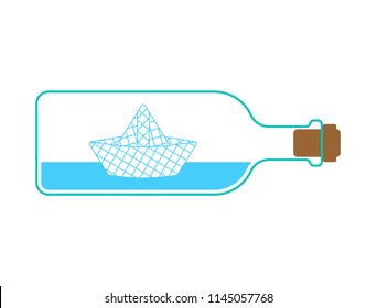 Paper boat in bottle. ship made of paper children toy. Vector illustration
