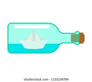 Paper boat in bottle. ship made of paper children toy. Vector illustration
