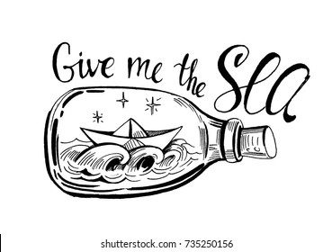  Paper boat in the bottle with wave. Hand drawn vector sketch illustration