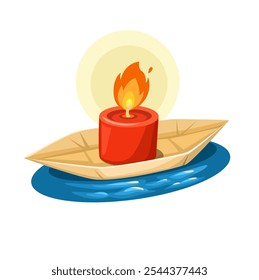 Paper Boat Candle light Floating in the River in Ghost Festival Illustration Vector