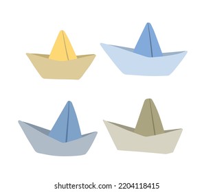 Paper boat. Children Origami toy and hobbies. Set of Doodle cartoon illustration isolated on white