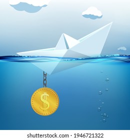 El barco de papel con un dólar en lugar de un ancla se hunde en el agua. Crisis en la economía y los negocios. Ilustración vectorial.