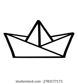 Paper boat doodle hand drawn, origami ship sketch, folded toy vessel ink drawing, cute nautical transport element, minimalist line art icon