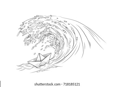 paper boat facing a tidal wave illustration black and white ink style