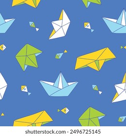 Paper Boat Fish Vector Seamless Pattern  illustration for Print, Wallpaper, Decoration.