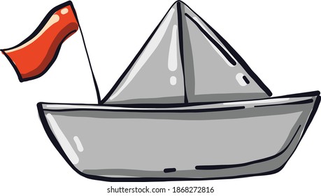 Paper boat with a flag, illustration, vector on white background.