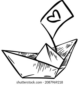 Paper boat with a flag on which a heart sketch vector illustration hand draw