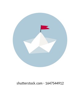 Paper boat with flag origami stream on blue circle icon sticker small spot illustration. Spring season kids day inspiration graphic design typography element. Hand drawn picture. Simple vector symbol