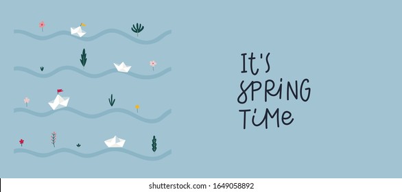Paper boat with flag origami stream on blue background illustration postcard. Spring time lettering season kids inspiration graphic design typography. Hand drawn picture. Simple vector nursery style.