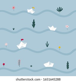Paper boat with flag origami stream on blue background illustration seamless surface pattern. Spring season kids inspiration typography. Hand drawn picture. Simple vector nursery style.