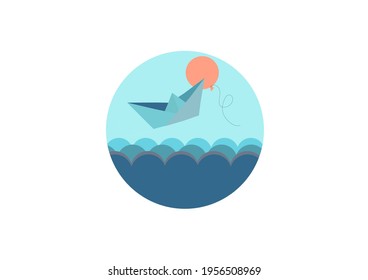 A paper boat flies across the sky above the waves. Round illustration. Sunset. Sunrise. The sun in the form of a balloon. Fantasy