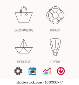 Paper boat, flippers and lifebuoy icons. Women handbag linear sign. Calendar, Graph chart and Cogwheel signs. Download colored web icon. Vector