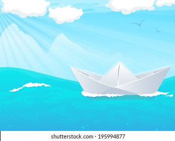 Paper boat floating in the ocean. Abstract Seascape