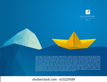 Paper boat floating on the waves, low poly paper boat sailing away on polygonal sea vector illustration.