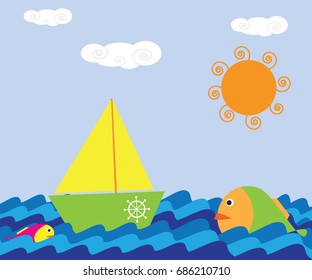 Paper boat floating on the waves, illustration       
