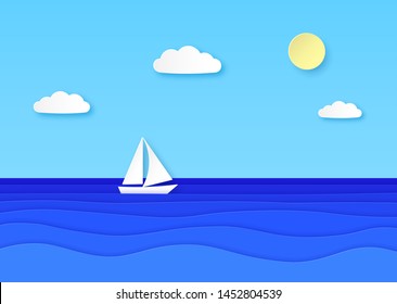 Paper Boat Floating Sea. Cloudy Sky With Sun, Sailboat With White Sail In Blue Ocean Waves. Summer Vocation Origami Vector Background With Cloud And Float Marine Yacht