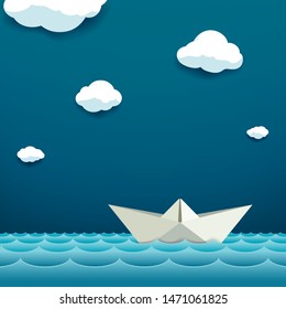 Paper boat floats on the water surface. Vector illustration.