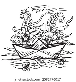 Paper boat with flowers and leaves. Vector illustration in doodle style.