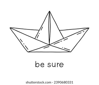 Paper boat folded from origami. Graphic print. Vector hand drawn illustration.