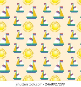 Paper boat goes into sunset Seamless Vector Pattern Design