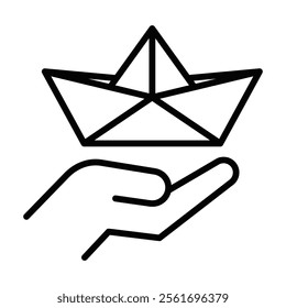 Paper boat held in hand icon vector illustration. Editable stroke.