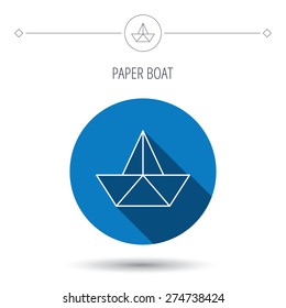 Paper boat icon. Origami ship sign. Sailing symbol. Blue flat circle button. Linear icon with shadow. Vector