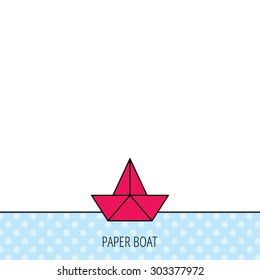 Paper boat icon. Origami ship sign. Sailing symbol. Circles seamless pattern. Background with red icon. Vector