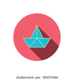 Paper boat icon. Origami ship sign. Sailing symbol. Red flat circle button. Linear icon with shadow. Vector