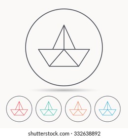 Paper boat icon. Origami ship sign. Sailing symbol. Linear circle icons.