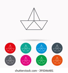 Paper boat icon. Origami ship sign. Sailing symbol. Linear icons in circles on white background.