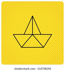 Paper boat icon. Origami ship sign. Sailing symbol. Linear icon on orange background. Vector