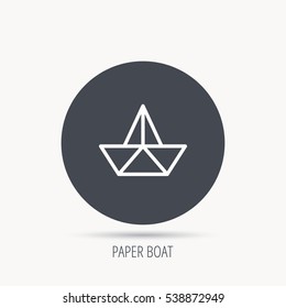 Paper boat icon. Origami ship sign. Sailing symbol. Round web button with flat icon. Vector