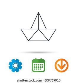 Paper boat icon. Origami ship sign. Sailing symbol. Calendar, cogwheel and download arrow signs. Colored flat web icons. Vector