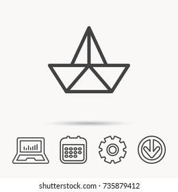 Paper boat icon. Origami ship sign. Sailing symbol. Notebook, Calendar and Cogwheel signs. Download arrow web icon. Vector
