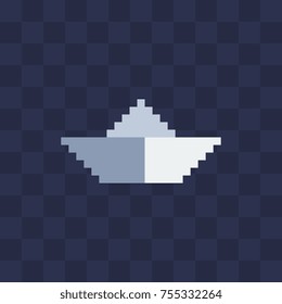 Paper boat icon. Pixel art. Sticker design. Video game sprite.  8-bit. Isolated vector illustration.