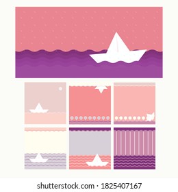 paper boat illustration pastel background wallpaper design set
