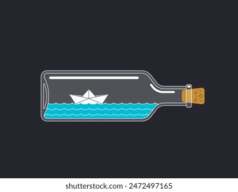 Un bote de papel dentro de una botella. Ilustración vectorial aislada