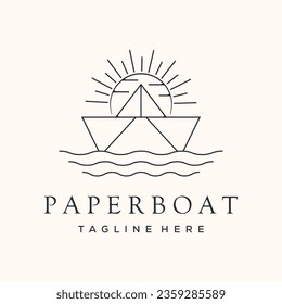 paper boat landscape line art logo vector minimalist illustration design, origami boat symbol design