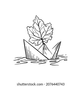 Paper boat with a leaf floats on the water sketch vector illustration hand draw